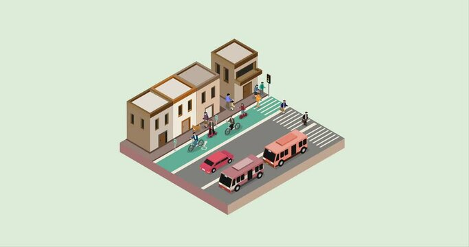Bicycle lane on street isometric. Healthy way to commute isometric. Post covid with protective mask. Animation.