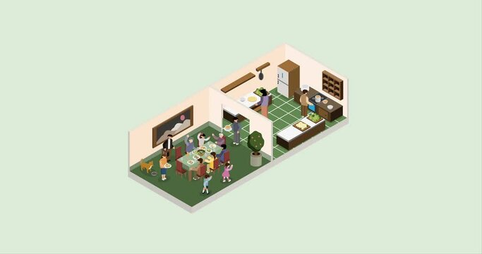 Healthy Home Cooking Isometric. Post Covid With Protective Mask. Animation.