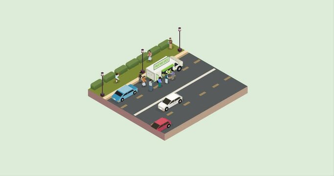 Healthy juice van isometric. Post covid with protective mask. Animation.
