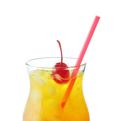 Glass of tasty Tequila Sunrise cocktail on white background
