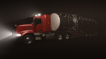 Front and Side View of a Tanker Truck in the Dark 3D Rendering - obrazy, fototapety, plakaty