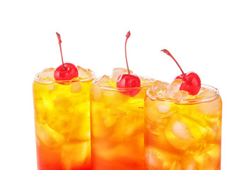 Glasses of tasty Tequila Sunrise cocktail on white background