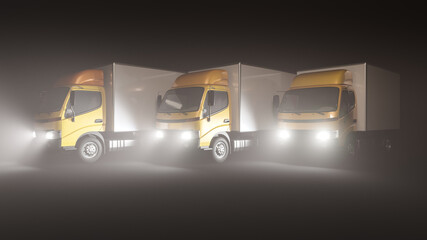 Lined Up Cargo Trucks in Yellow and White Colors on Black Background 3D Rendering