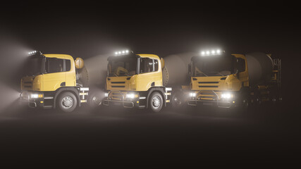 Front and Side Views of Cement Trucks Lined Up in the Dark 3D Rendering