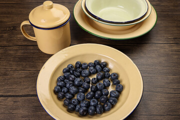 Fresh ripe deep purple Blueberry on old style metal enamel tin plate macro closeup