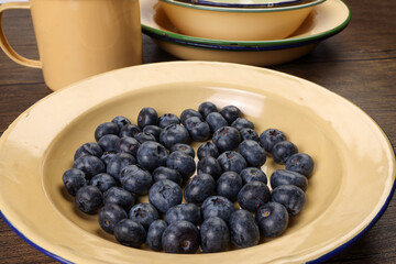 Fresh ripe deep purple Blueberry on old style metal enamel tin plate macro closeup