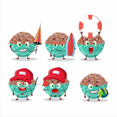 Happy Face red cargo rice cartoon character playing on a beach