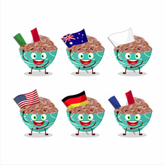 Red cargo rice cartoon character bring the flags of various countries