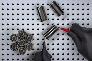 New modern lithium-ion batteries with increased capacity. Testing prototypes of new batteries on a...
