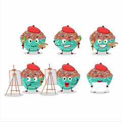 Artistic Artist of red cargo rice cartoon character painting with a brush