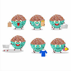 A Rich red cargo rice mascot design style going shopping