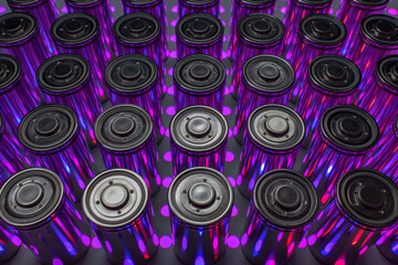 A pack of new modern high-capacity lithium-ion cells. A prototype of new batteries on a laboratory...