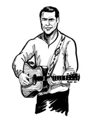 Ink black and white illustration of a musician playing acoustic guitar