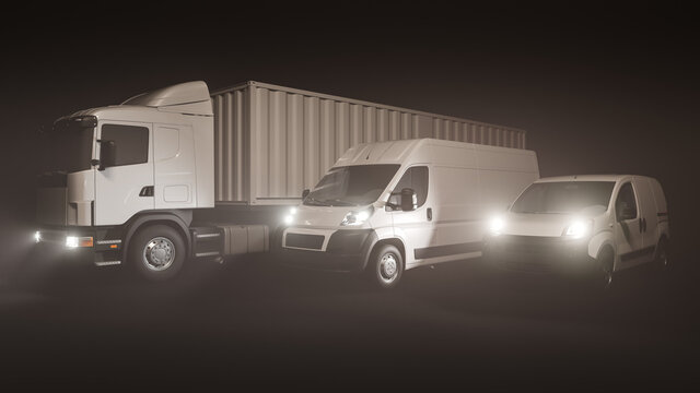Semi Container Truck Lined Up with White Delivery Vans on Black Background 3D Rendering