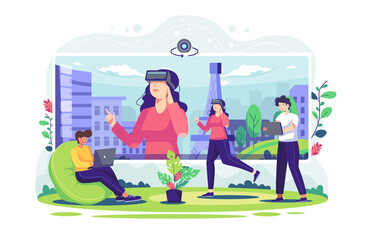 A virtual tour showing the girl on a video call with her coworkers