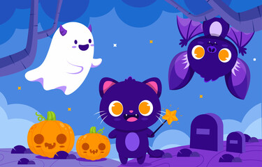 Cute cat on scary night with bat and ghost