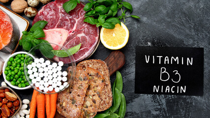 Food high in vitamin B3 on dark background.