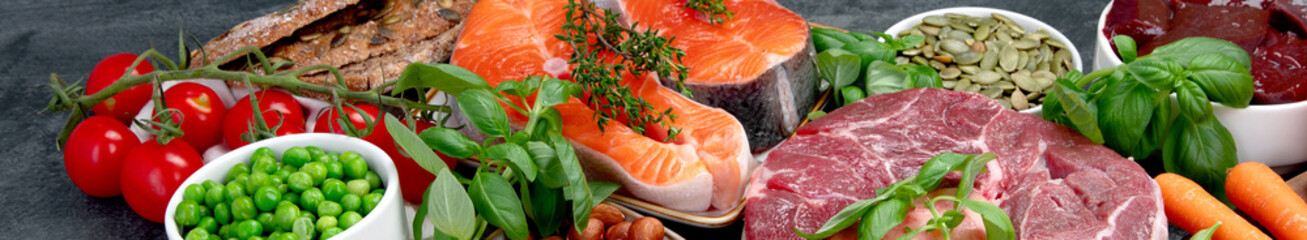 Food high in vitamin B3 on dark background.