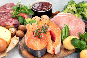 Food high in vitamin B2 on light background.