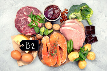 Food high in vitamin B2 on light background.