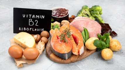 Food high in vitamin B2 on light background.