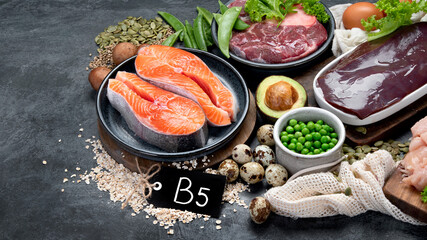 Food high in vitamin B5 on dark background.