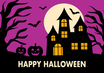 Pumpkins with castles, bats and the moon in flat design. Happy Halloween festival in concept vector illustration.