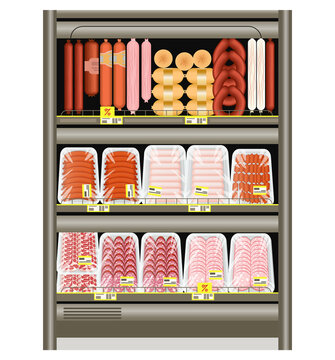 Sausage and frankfurters on the store counter in the refrigerator. Selling meat products in a tray. Vector illustration.