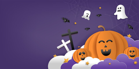 Happy Halloween greeting banner or party invitation with night clouds, pumpkins, bats, and cute ghosts, vampires on a violet background. Paper cut and papercraft style.Vector illustration.