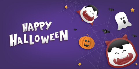 Happy Halloween greeting banner or party invitation with night clouds, pumpkins, bats, and cute ghosts, vampires on a violet background. Paper cut and papercraft style.Vector illustration.
