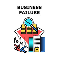Business Failure Vector Icon Concept. Business Failure Crisis And Bankruptcy Company Financial Economy Problem, Depressed Businessman Lost Money And Work. Market Crash Color Illustration