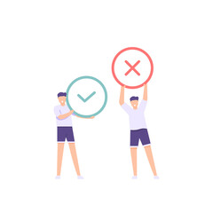 concept of right and wrong, rejected or approved, valid or invalid. voting, survey, answer, opinion. illustration of person holding a tick and cross symbol. flat cartoon style. vector design.