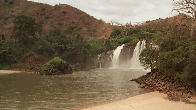 Flying over a waterfall in kwanza sul, binga, Angola on the African continent 1