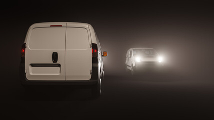 Rear View of a Mini Van with the Front View of Another in the Dark 3D Rendering