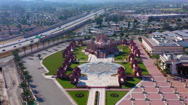 Flying towards the BAPS Shri Swaminarayan Mandir Hindu temple in Chino California