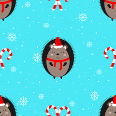 Seamless vector winter pattern with cute hedgehog in hat on blue background with snowflakes and candies. Ideal for childish textile, wallpaper, wrapping paper. Eps 10. 
