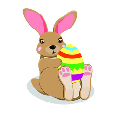 Cartoon Easter bunny hugging eggs. Vector clip art illustration with simple gradient.
