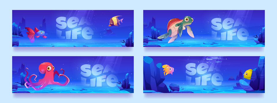 Sea life posters with funny fish, octopus and turtle characters under water in ocean. Vector banners with cartoon illustration of undersea landscape with cute wild marine animals