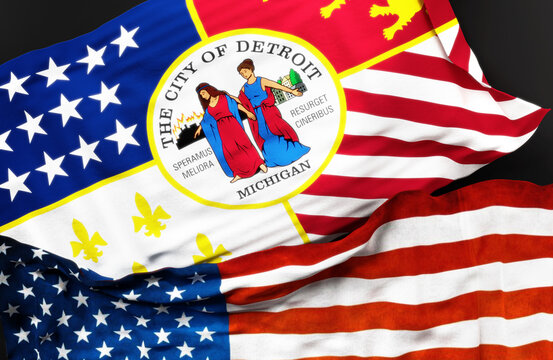 Flag of Detroit along with a flag of the United States of America as a symbol of unity between them, 3d illustration