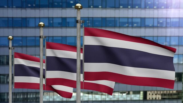 3D, Thai flag waving on wind with modern skyscraper city. Thailand banner blowing, soft and smooth silk. Cloth fabric texture ensign background. National day and country occasions concept.-Dan