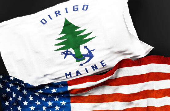 Flag of Ensign of Maine along with a flag of the United States of America as a symbol of unity between them, 3d illustration