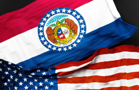 Flag of Missouri along with a flag of the United States of America as a symbol of unity between them, 3d illustration