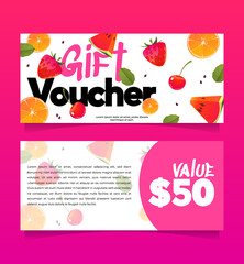 Gift voucher, shopping certificate with summer fruits, berries and value. Special coupon, promo card template for store or cafe discount, off, special offer Vector mockup, two-sided printable template