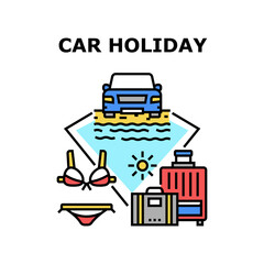 Car Holiday Vector Icon Concept. Car Holiday Trip And Adventure With Baggage Luggage, Automobile Standing On Sandy Beach For Swimming In Bikini Swimsuit. Summer Vacation Travel Color Illustration