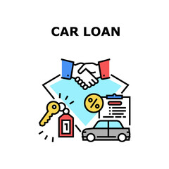 Car Loan Agreement Vector Icon Concept. Car Loan Agreement Signing Salesman And Client, Buying Automobile Successful Deal And Giving Key. Bank Credit For Buy Transport Color Illustration