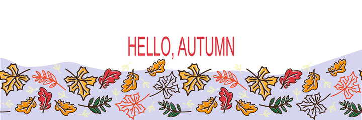 Fototapeta na wymiar Fall banner hello autumn leaves on violet background