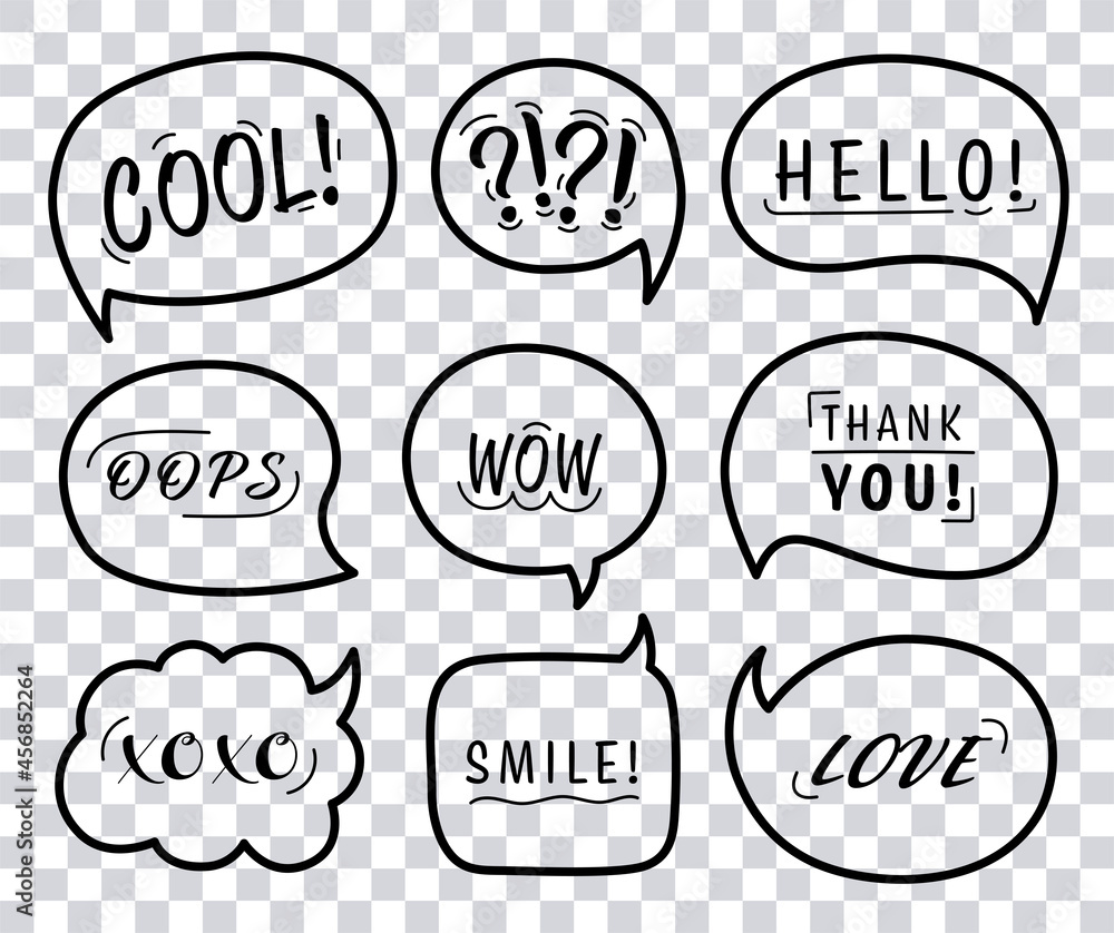 Poster speech bubble set with conversation phrases and words isolated on transparent background. vector ill