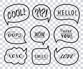 Obraz premium Speech bubble set with conversation phrases and words isolated on transparent background. Vector illustration.
