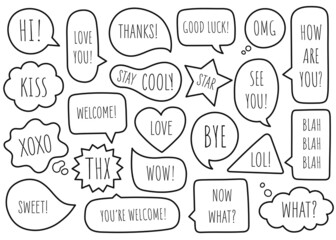 Bubble speech collection communicate isolated on white background. Hand drawn doodle. Vector illustration.