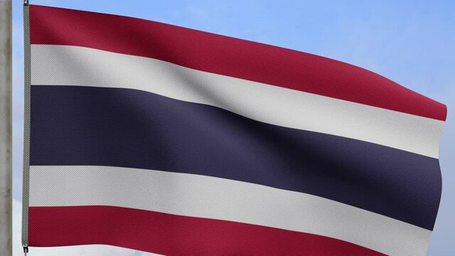 3D, Thai flag waving on wind with blue sky and clouds. Close up of Thailand banner blowing, soft and smooth silk. Cloth fabric texture ensign background.-Dan